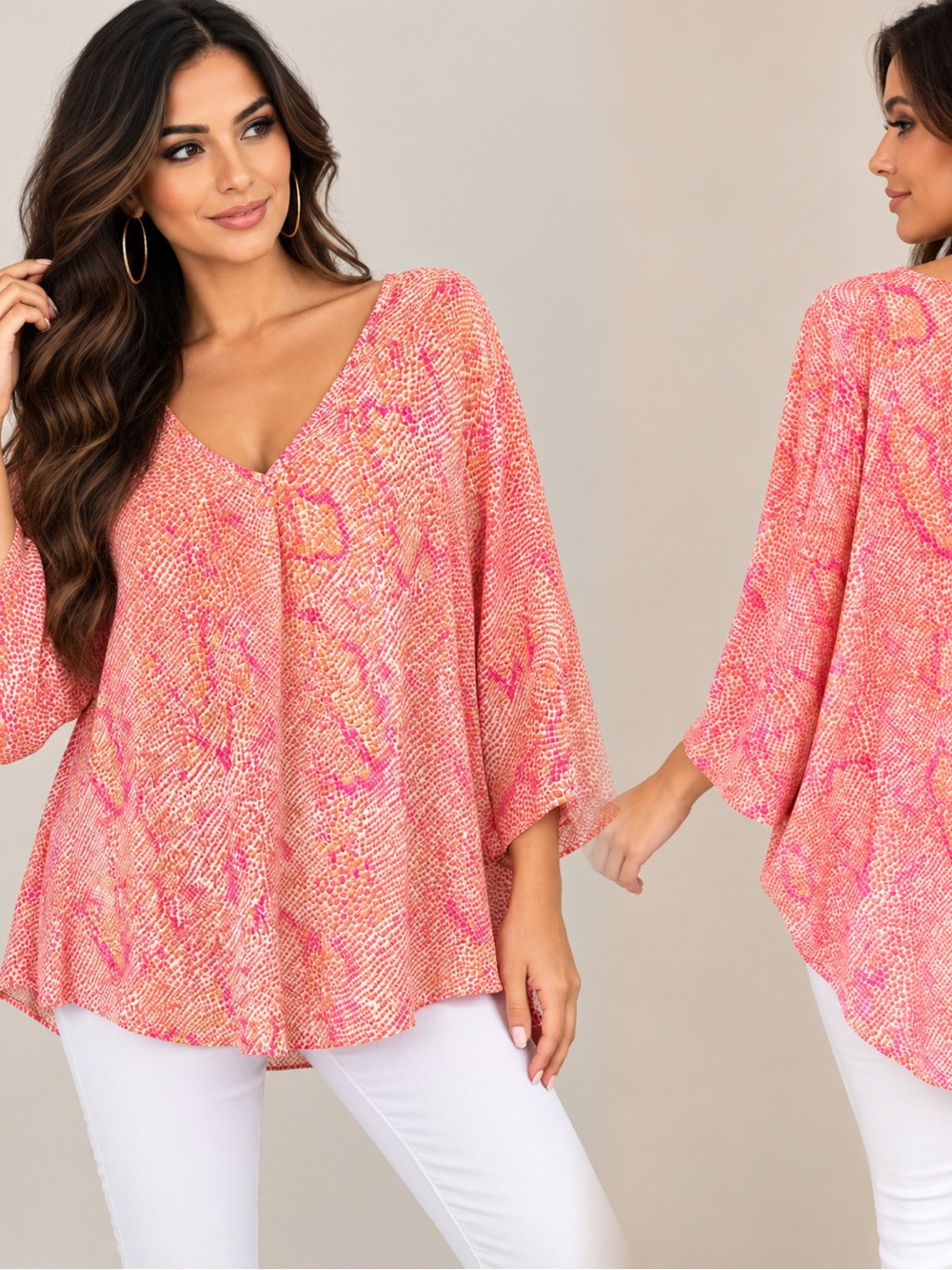 Adrienne Pink & Coral Patterned V-Neck Blouse